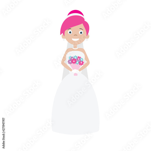 Vector flat cartoon bride with bouquet and pink hair isolated on white background