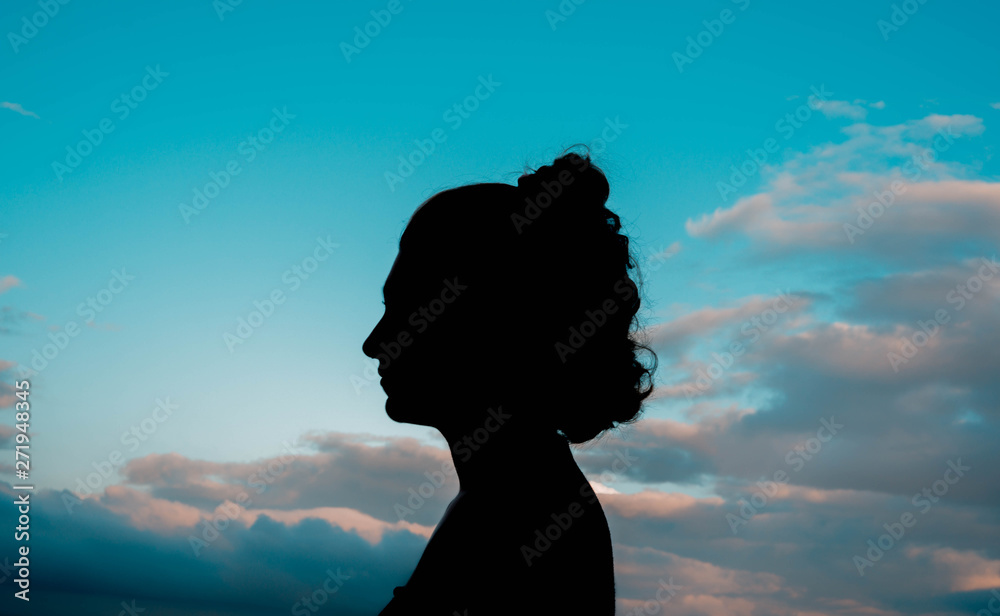 silhouette of a young woman with her hair up in the clouds