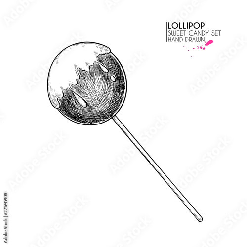 Hand drawn set of sweet candies. Twisted caramel lollipops. Vector food icons. Use for restaurant, menu, party decorating, flyer, banner. Sugar Halloween dessert.