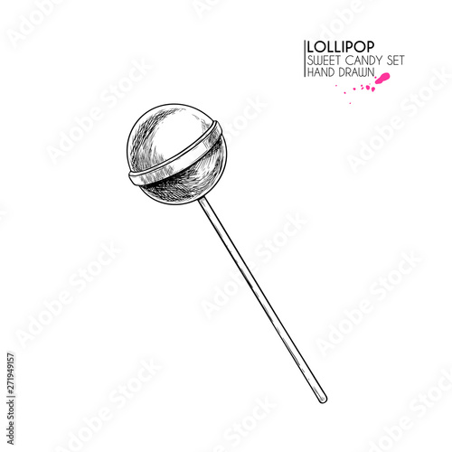Hand drawn set of sweet candies. Twisted caramel lollipops. Vector food icons. Use for restaurant, menu, party decorating, flyer, banner. Sugar Halloween dessert.