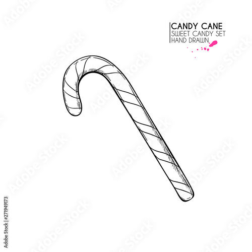 Hand drawn set of sweet candies. Twisted caramel candy cane. Vector food icons. Use for restaurant, menu, party decorating, flyer, banner. Sugar Christmas dessert.