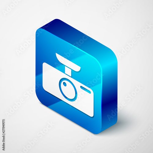 Isometric Car DVR icon isolated on white background. Car digital video recorder icon. Blue square button. Vector Illustration