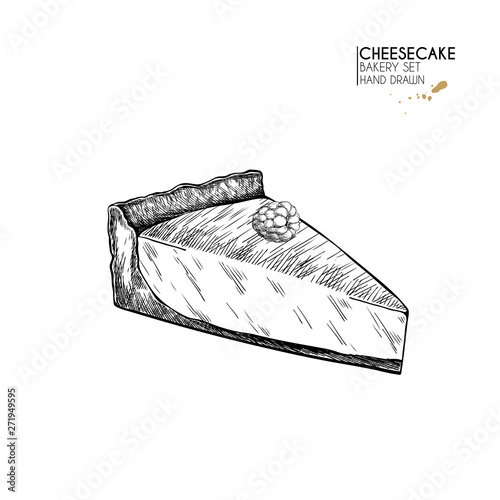 Bakery set. Hand drawn isolated slice of cheesecake. Traditional sweet bakery. Vector engraved icon. For restaurant and cafe menu, baker shop, bread, pasty, desserts, sweets. Design template.