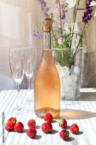 cold pink champagne pink sparkling wine strawberry summer morning