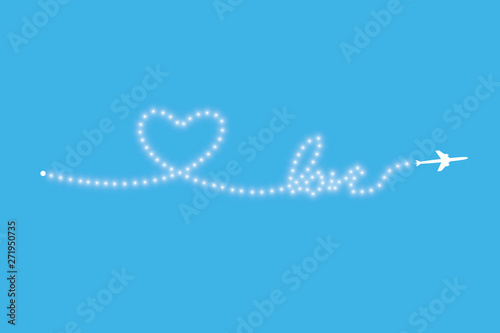 The aircraft and its track in the form of a strip of shiny LED strip in the shape of a heart on a blue background. Vector illustration. The flight path of the aircraft and its route