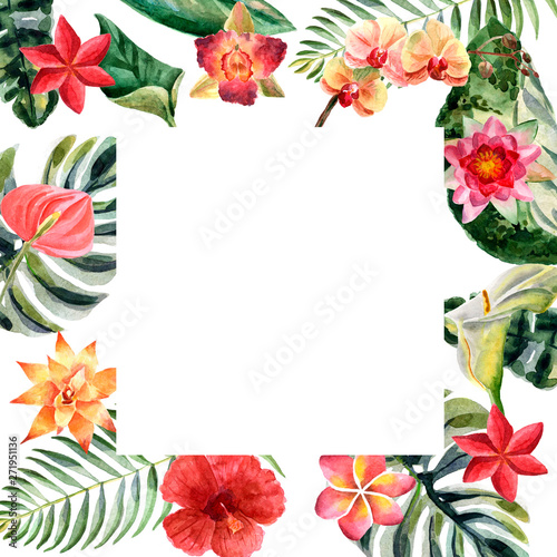 Watercolor bright summer illustration with tropical flowers