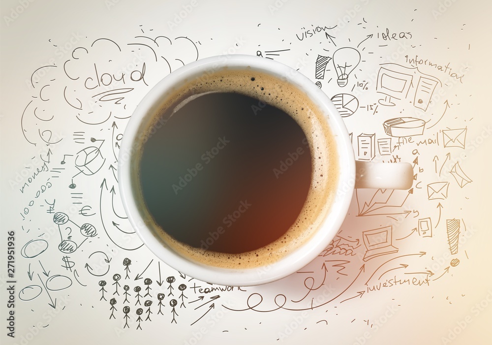 Cup od hot coffe on doodles background Cup od hot coffe on doodles background