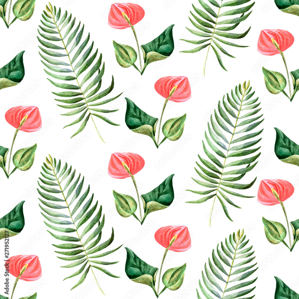 Fototapeta premium Watercolor bright summer illustration with tropical flowers