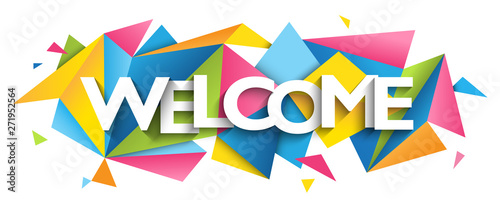 WELCOME typography banner on colorful triangles background