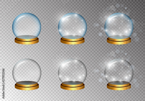 Magic glass ball set in two color, 6 pcs. Smooth empty spheres and decorated with mica, bokeh. Decorative elements on transparent background.