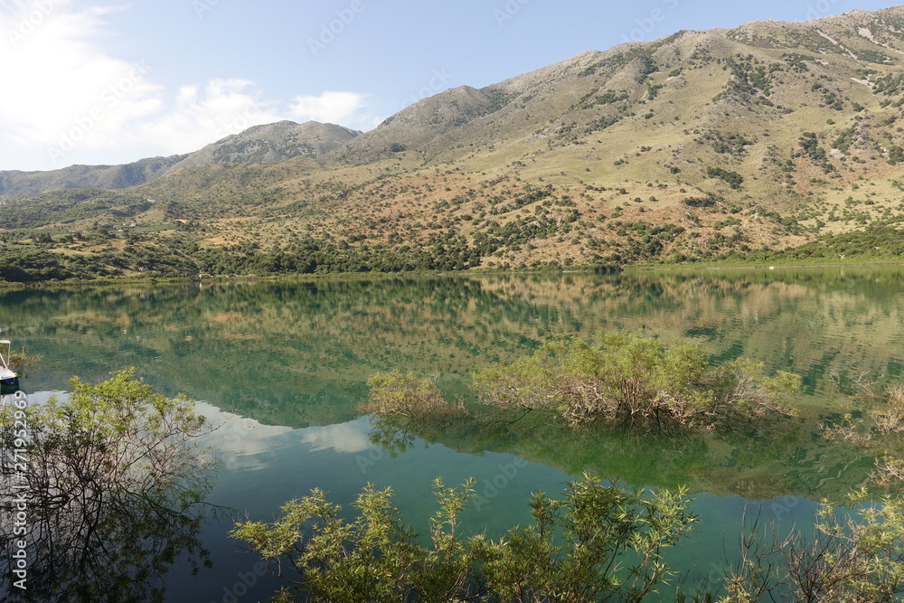 Fototapeta premium Photo from iconic natural lake of Kourna with amazing colours, Chania, Crete island, Greece