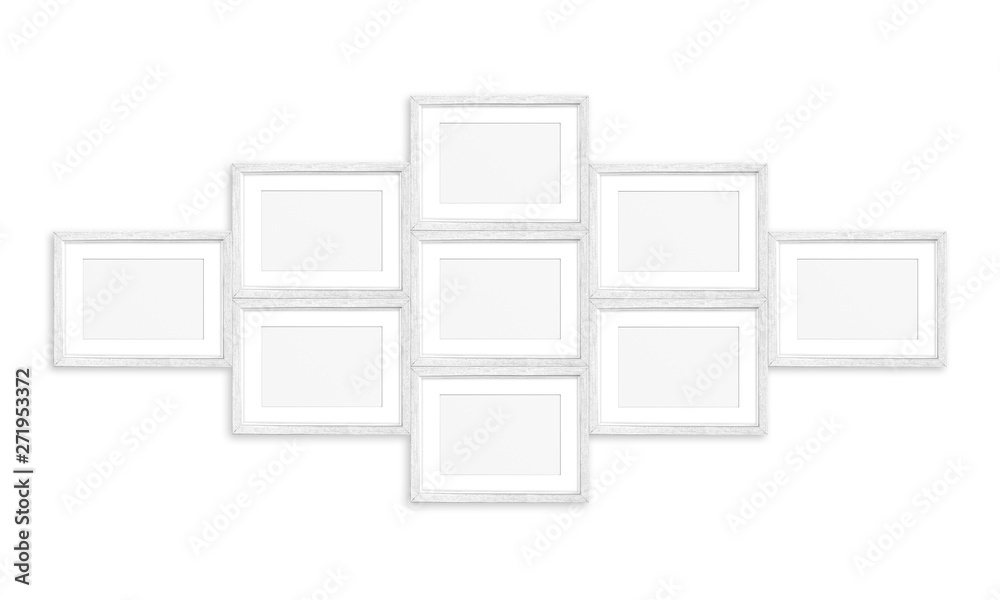 Frames collage, nine white frameworks set isolated on white wall, interior decor mock up Frames collage, nine white frameworks set isolated on white wall, interior decor mock up