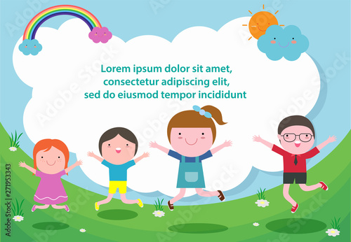 Kids jumping on the playground, children jump with joy, happy cartoon child playing on background, Template for advertising brochure,your text , Kids and frame,child and frame,Vector Illustration