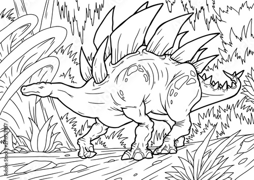 Coloring book for children with a dinosaur hand-painted in cartoon style