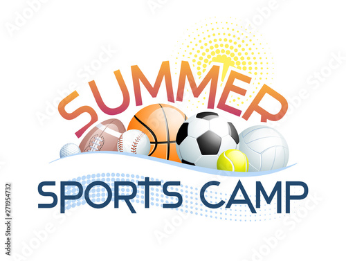 Summer Sports Camp concept with different Sports Balls, abstract Sun and Wave. Vector illustration.