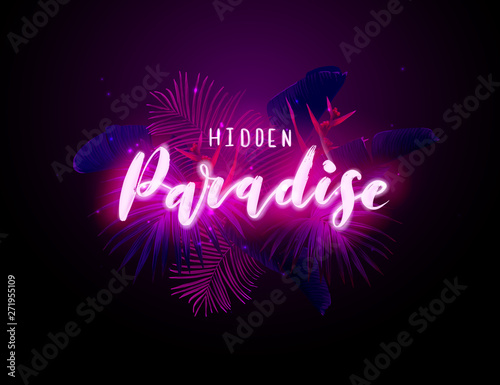 Dark blue and violet neon tropical design with palm leaves and 3d lettering. Summer night vector illustration.