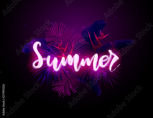 Dark blue and violet neon tropical design with palm leaves and 3d lettering. Summer night vector illustration.