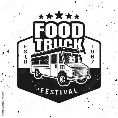 Food truck vector monochrome emblem, badge, label