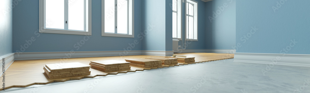 Parquet lay in old apartment as a panorama - obrazy, fototapety, plakaty 