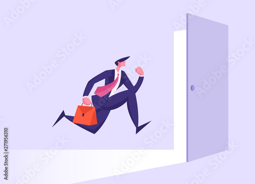 Business Man in Formal Suit with Briefcase Running into Open Door Entrance, Businessman New Opportunity, Way, Success and Career Growth, Right Solution, Future Concept Cartoon Flat Vector Illustration