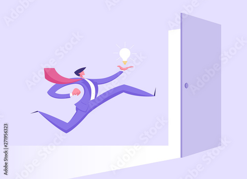Business Man in Formal Suit with Glowing Light Bulb in Hand Running to Open Door Entrance, Businessman Creative Idea, New Opportunity, Success, Right Solution Concept, Cartoon Flat Vector Illustration
