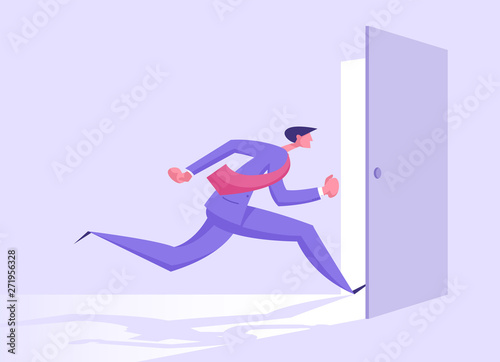 Business Man in Formal Suit Running into Open Door Entrance or Run Out of Exit, Businessman New Opportunity, Escape, Challenge, Success, Right Solution, Future Concept Cartoon Flat Vector Illustration