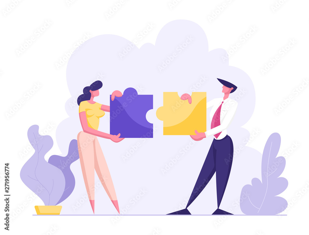 Office People Work Together Setting Up Colorful Separated Puzzle Pieces. Businesspeople in Coworking Place Teamwork, Cooperation, Collective Work, Partnership Concept, Cartoon Flat Vector Illustration
