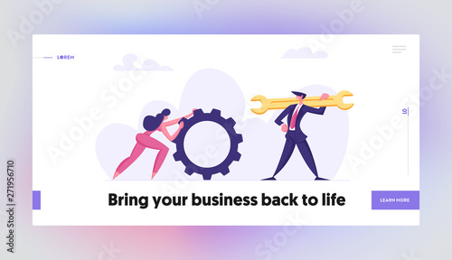 Business People, Manager Characters. Businessman with Wrench, Woman with Cogwheel. Technical Support Service, Teamwork Concept Website Landing Page, Web Page. Cartoon Flat Vector Illustration, Banner