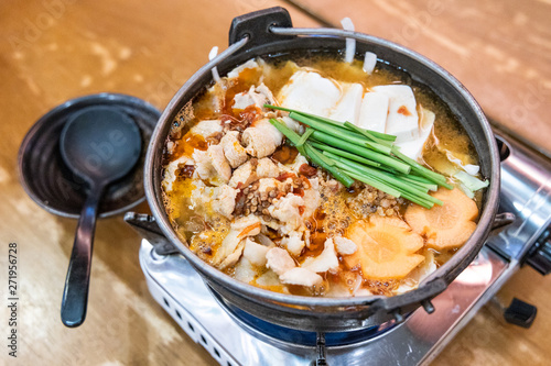 Japanese hotpot buta akakara nabe with pork and spicy soup photo