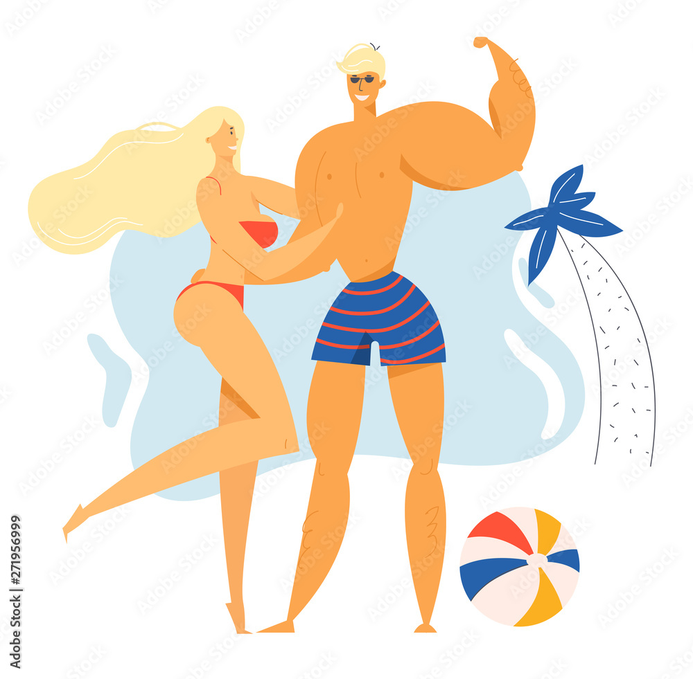 Male and Female Characters Spend Time on Exotic Resort Beach, Young Sexy Girl in Bikini and Sporty Man Posing on Seaside Background with Palm Tree and Ball, Leisure. Cartoon Flat Vector Illustration