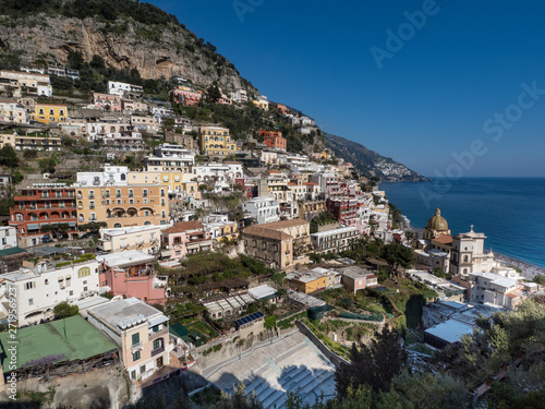 Beautiful panoramic view of the beach anf colorful buildings in Positano at Amalfi Coast, Italy. May, 2019 © ikmerc