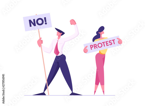Protesting People with Placards on Demonstration, Male, Female Characters Holding Banners and Signs Against Presidental Election or Candidate Voting, Citizen Protest, Cartoon Flat Vector Illustration