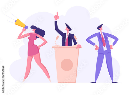 Political Meeting with Candidate in Speech. Pre-election Campaign, Voting with Characters, Man and Woman Voters with Megaphone Promotion and Advertising of Candidate, Cartoon Flat Vector Illustration