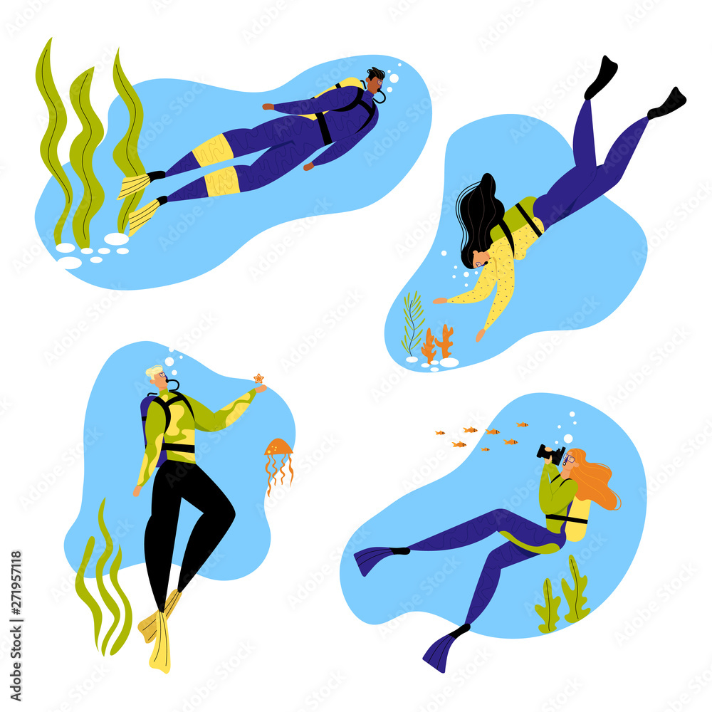 Snorkeling Male and Female Characters Underwater Fun Activities, Hobby,  Swimming, Photographing, Scuba Diving, Spear Fishing Equipment Mask, Tube,  Flippers, Swim Suit. Cartoon Flat Vector Illustration Stock Vector