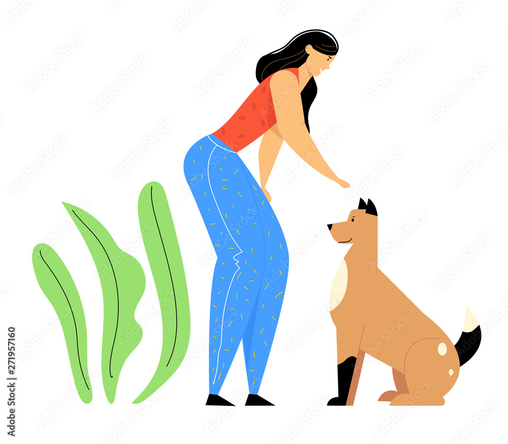 Φωτογραφία Happy Woman Playing with Dog on Street in Park, Female Character Spend Time with