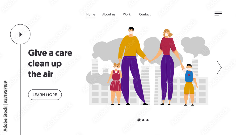 Family Wearing Protective Face Masks. City Environment Air Pollution Concept with Industrial Pipes Emitting Smoke and Smog. Website Landing Page, Web Page. Cartoon Flat Vector Illustration, Banner