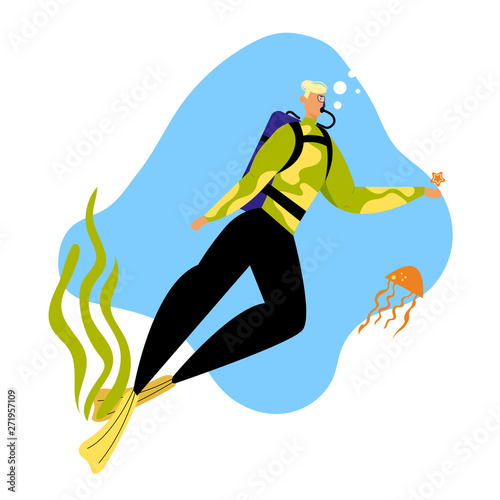 Man Scuba Diver in Swimming Suit Playing with Starfish and Jellyfish Underwater    Snorkeling Diving Profession. Male Character in Flippers  Mask and Oxygen Balloon Cartoon Flat Vector Illustration