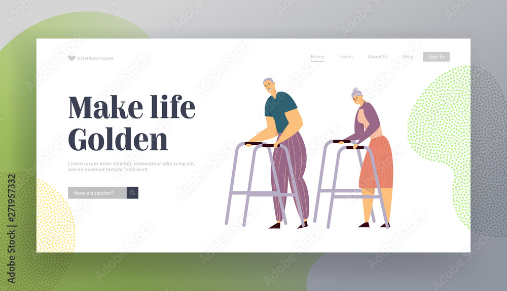 Aged Couple Walking with Walker on Street. Happy Senior Man and Woman Characters Together. Elderly People, Old Age Concept Website Landing Page, Web Page. Cartoon Flat Vector Illustration, Banner