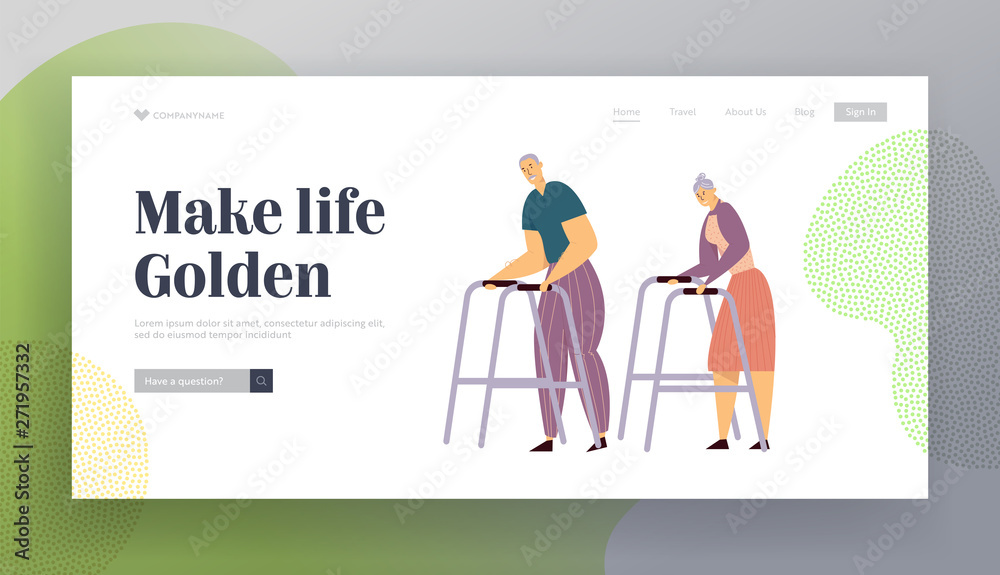 Aged Couple Walking with Walker on Street. Happy Senior Man and Woman Characters Together. Elderly People, Old Age Concept Website Landing Page, Web Page. Cartoon Flat Vector Illustration, Banner Aged Couple Walking with Walker on Street. Happy Senior Man and Woman Characters Together. Elderly People, Old Age Concept Website Landing Page, Web Page. Cartoon Flat Vector Illustration, Banner