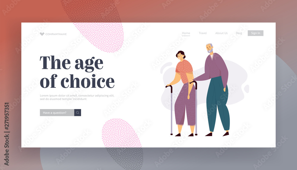 Aged People Couple Walking with Sticks. Senior Man and Woman Characters Happy Together. Elderly People, Old Age Life Concept Website Landing Page, Web Page. Cartoon Flat Vector Illustration, Banner