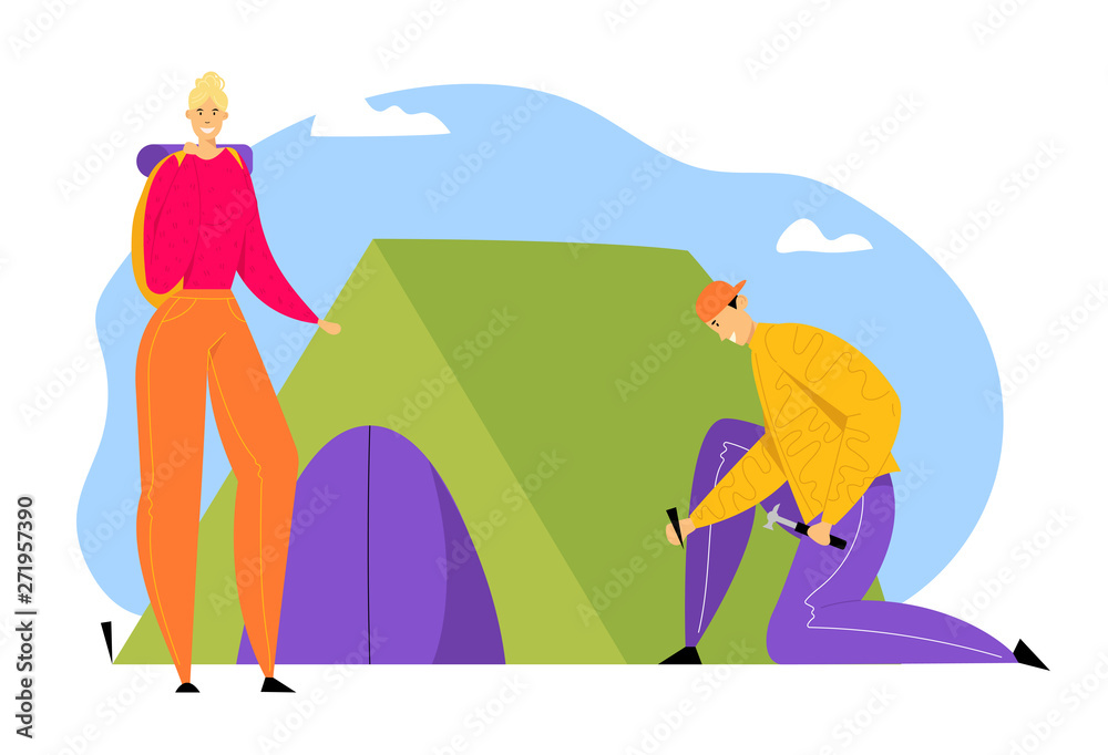Young Man Hummer Sticks to Ground to Set Up Tent for Spending Time at Summer Camp. Woman with Backpack, Tourists Spend Summertime Vacation, Hiking Hobby, Activity Cartoon Flat Vector Illustration
