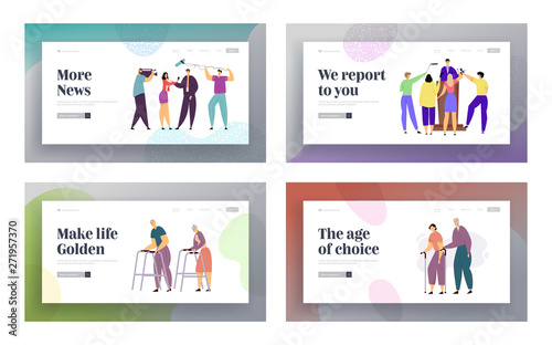 Press Conference Mass Media Interview, Senior People Walking Website Landing Page Set, TV News Concept with Speaker and Journalists, Aged Couple Walk Web Page. Cartoon Flat Vector Illustration, Banner