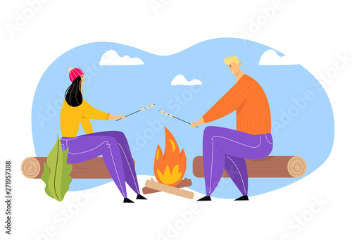 Young Couple Spending Time on Picnic in Summer Camping, Man and Woman Characters Sitting near Campfire Relaxing, Frying Marshmallow, Relax, Outdoor Sparetime on Nature Cartoon Flat Vector Illustration