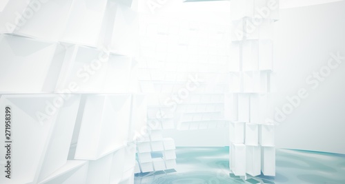 Abstract white and blue water parametric interior with window. 3D illustration and rendering.