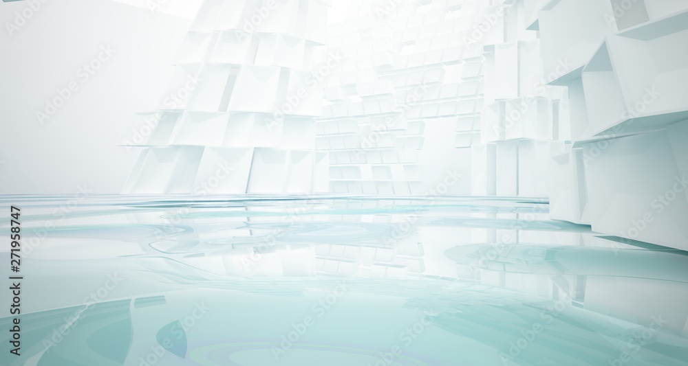 Abstract white and blue water parametric interior with window. 3D illustration and rendering. Abstract white and blue water parametric interior with window. 3D illustration and rendering.