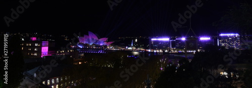 Sydney, Australia - May 27, 2019. Sydney Opera House illuminated with colourful light design imagery during the Sydney Vivid show. Free annual outdoor event of light music and ideas.