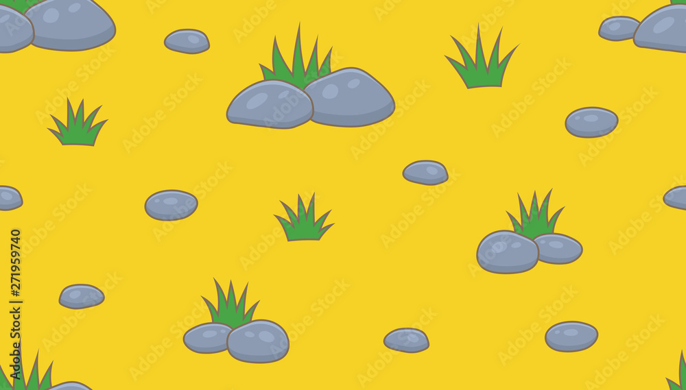 Seamless pattern with green grass and stones. isolated on yellow background