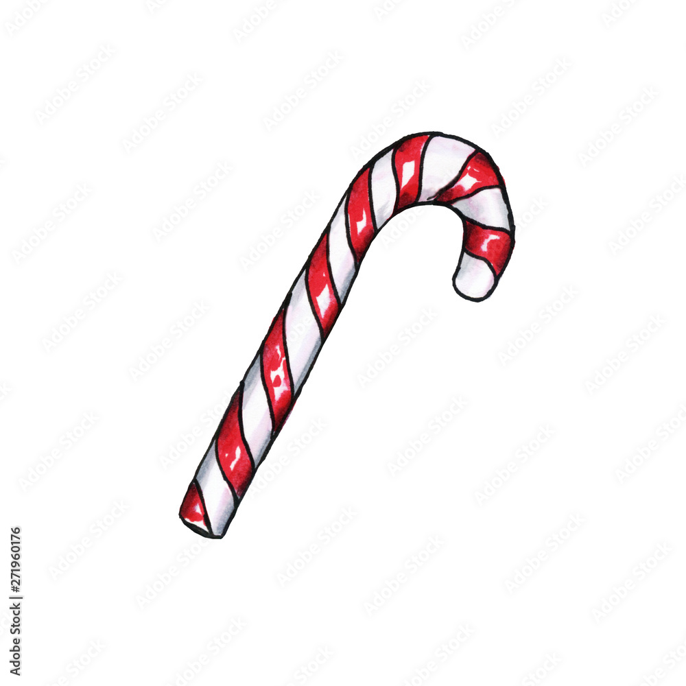 Fototapeta premium Christmas or New Year green candy cane isolated illustration. Freehand sweets food decor for winter holidays on white background
