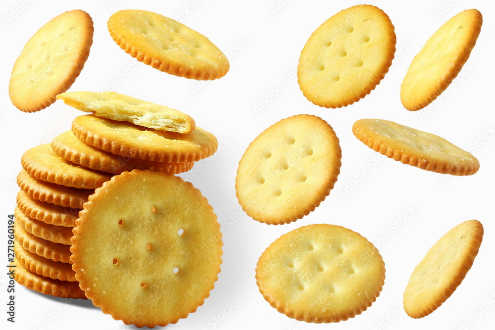 Top view of round salted snack cracker cookie isolated on white background