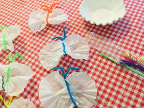 Prep for Coffee Filter Butterfly Dying. Materials being laid out in preperation for preschool craft. Art, science, fun activity. Daycare, preschhol or home school appropriate.